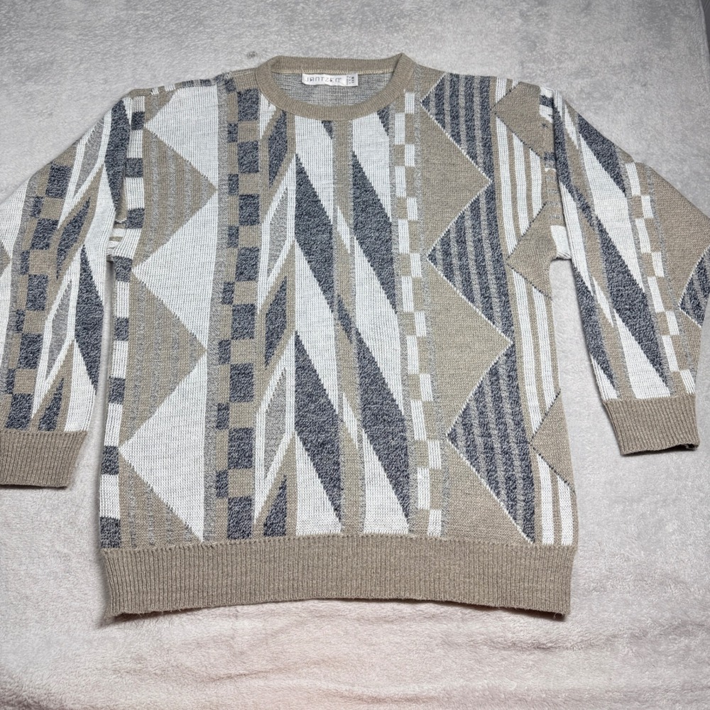 Jantzen Geometric Abstract Sweater Mens 1XB‎ Tan Grey Vintage 90s Made in USA